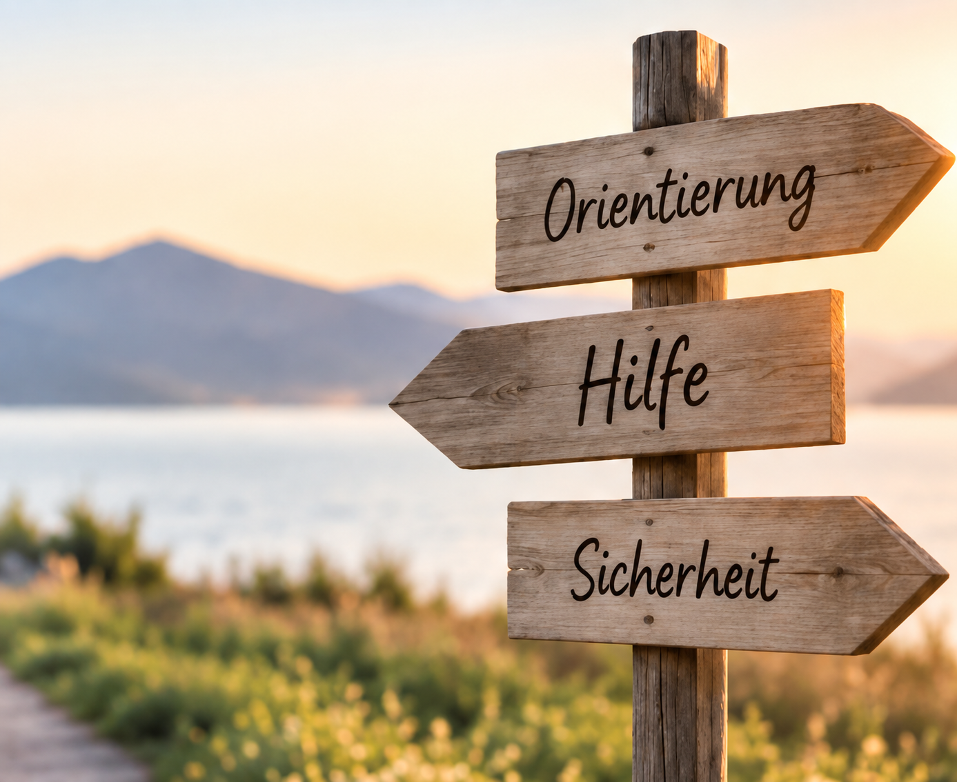Wegweiser mit den Begriffen Orientierung, Hilfe, Sicherheit