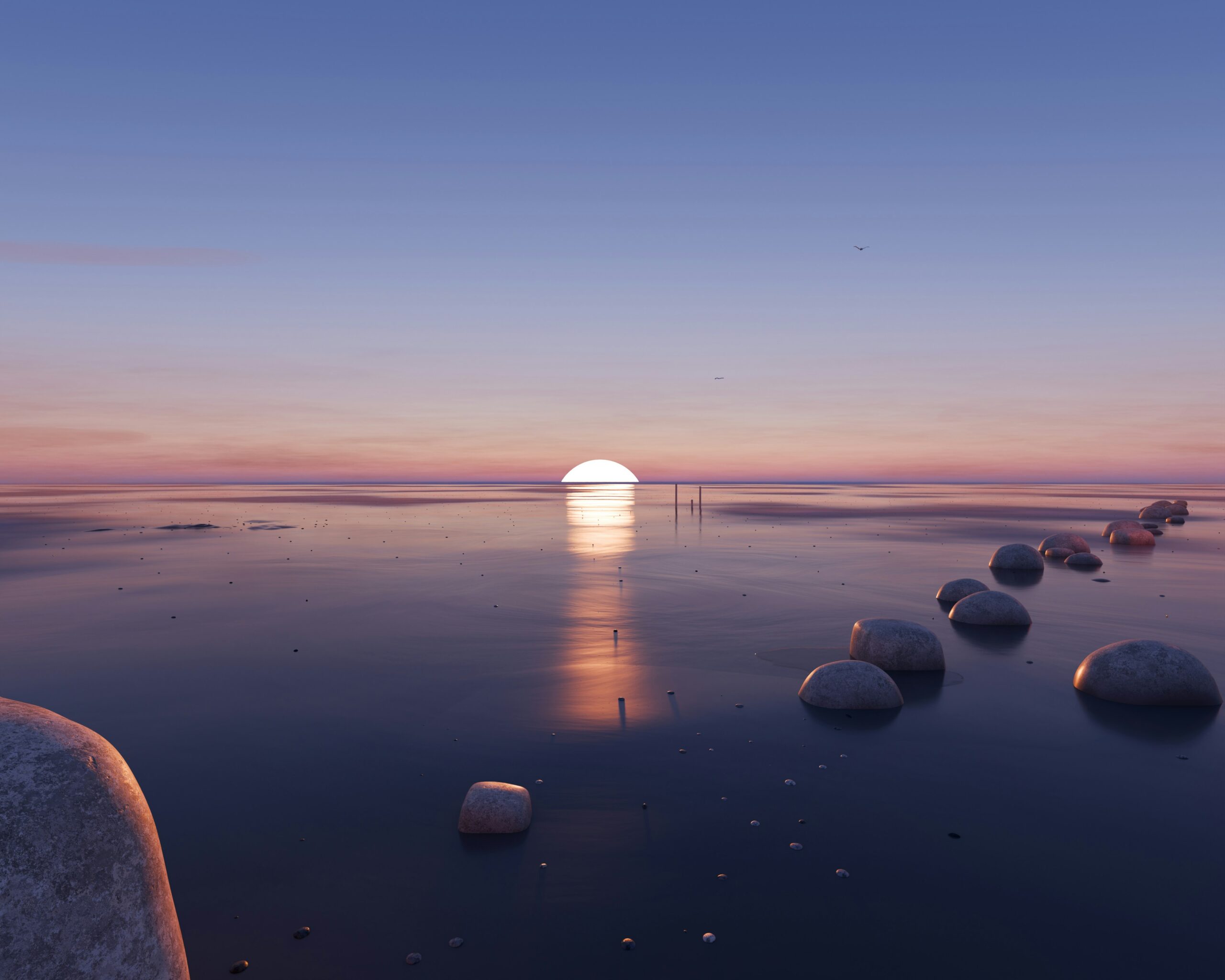dzo-ppM17796K3Y-unsplash Trittsteine im ruhigen Wasser führen zum Horizont bei Sonnenuntergang